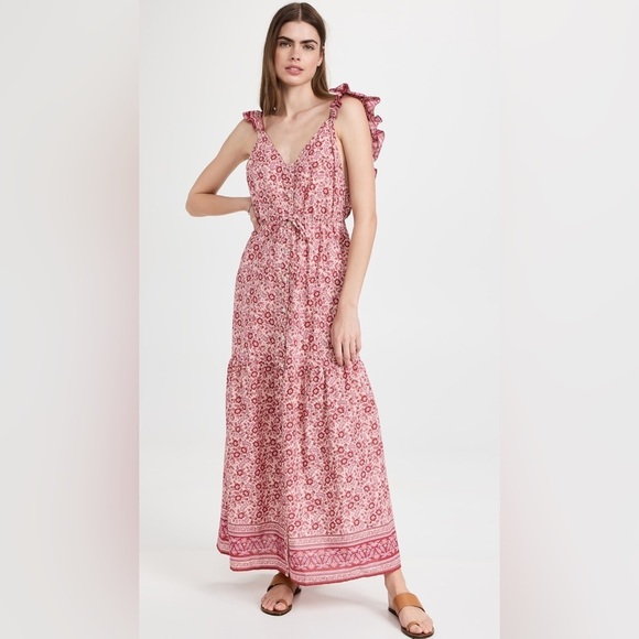 Faherty Hyland Dress in Sun Up Block Print Pink & Red Floral Cotton Maxi Sz S - Picture 1 of 10